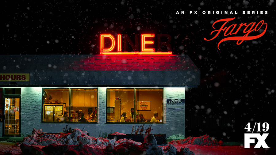 Fargo saison 3 - Key art de Matthias Clamer - Diner américain de nuit, les lettres DIE sont les seules allumées