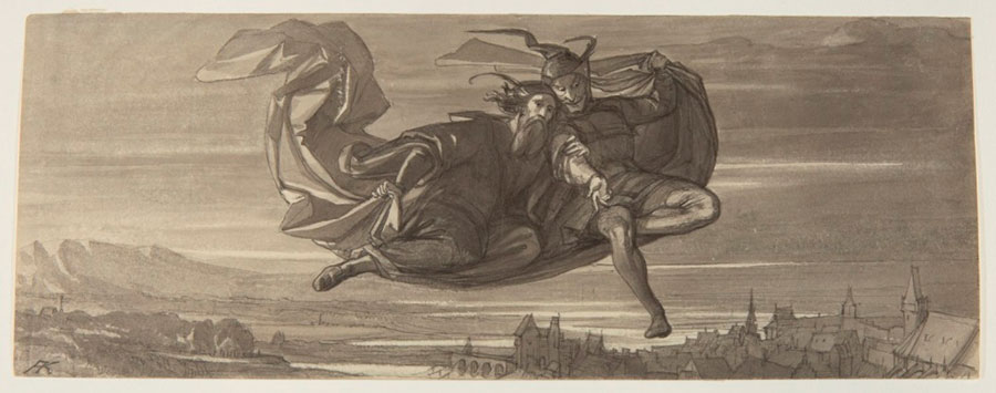 Splitscreen-review Faust et Méphisto volant sur le manteau magique. August von Kreling. 1875