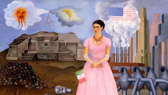 Splitscreen-review Autoportrait à la frontière entre le Mexique et les États-Unis, par Frida Kahlo, 1932.